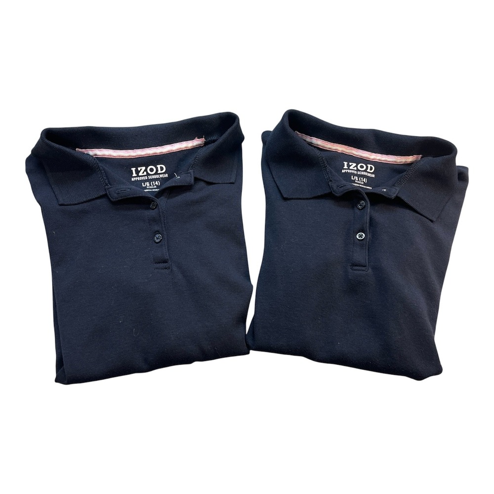 IZOD Girls Navy Blue School Uniform Polo Shirts Set of 2 Sz L 14 Back to School